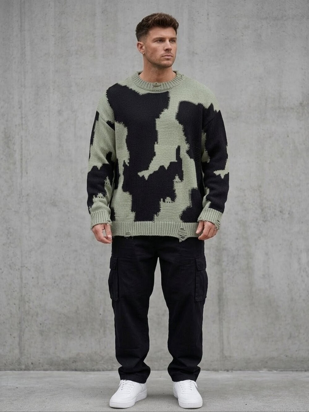 ZARA Distressed Colorblock Abstract Knit Sweater Sage Green Black L Oversized